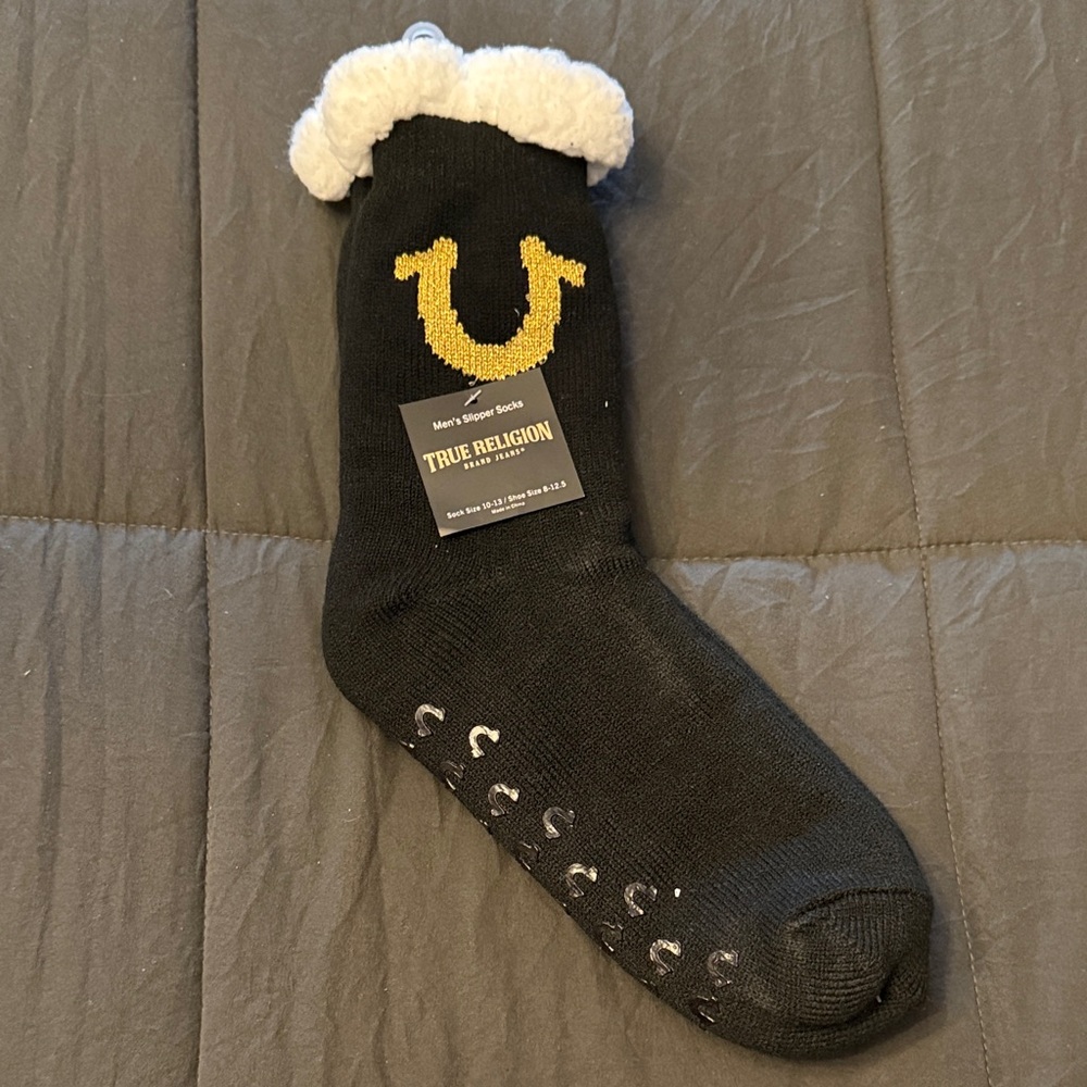 True Religion Men's Black and Gold fuzzy Socks